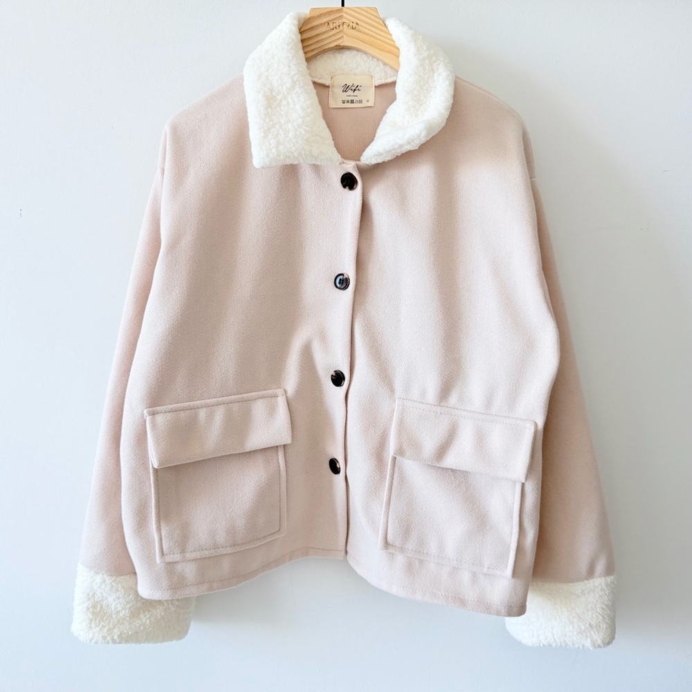 Beige Sherpa Trim Lightweight Korean Cozy Overshirt Jacket - Picture 2 of 12